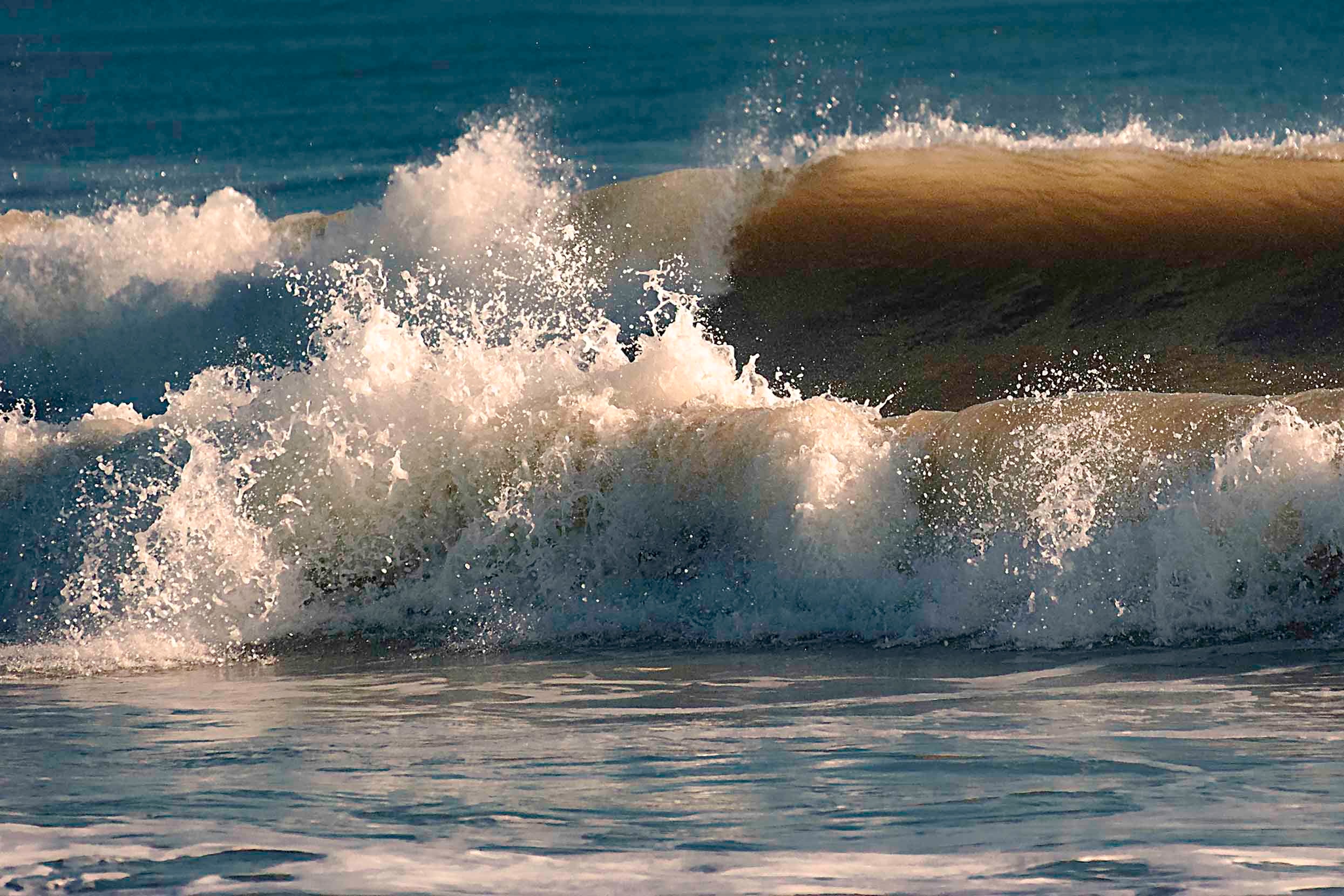 A powerful wave cresting and crashing in golden afternoon light