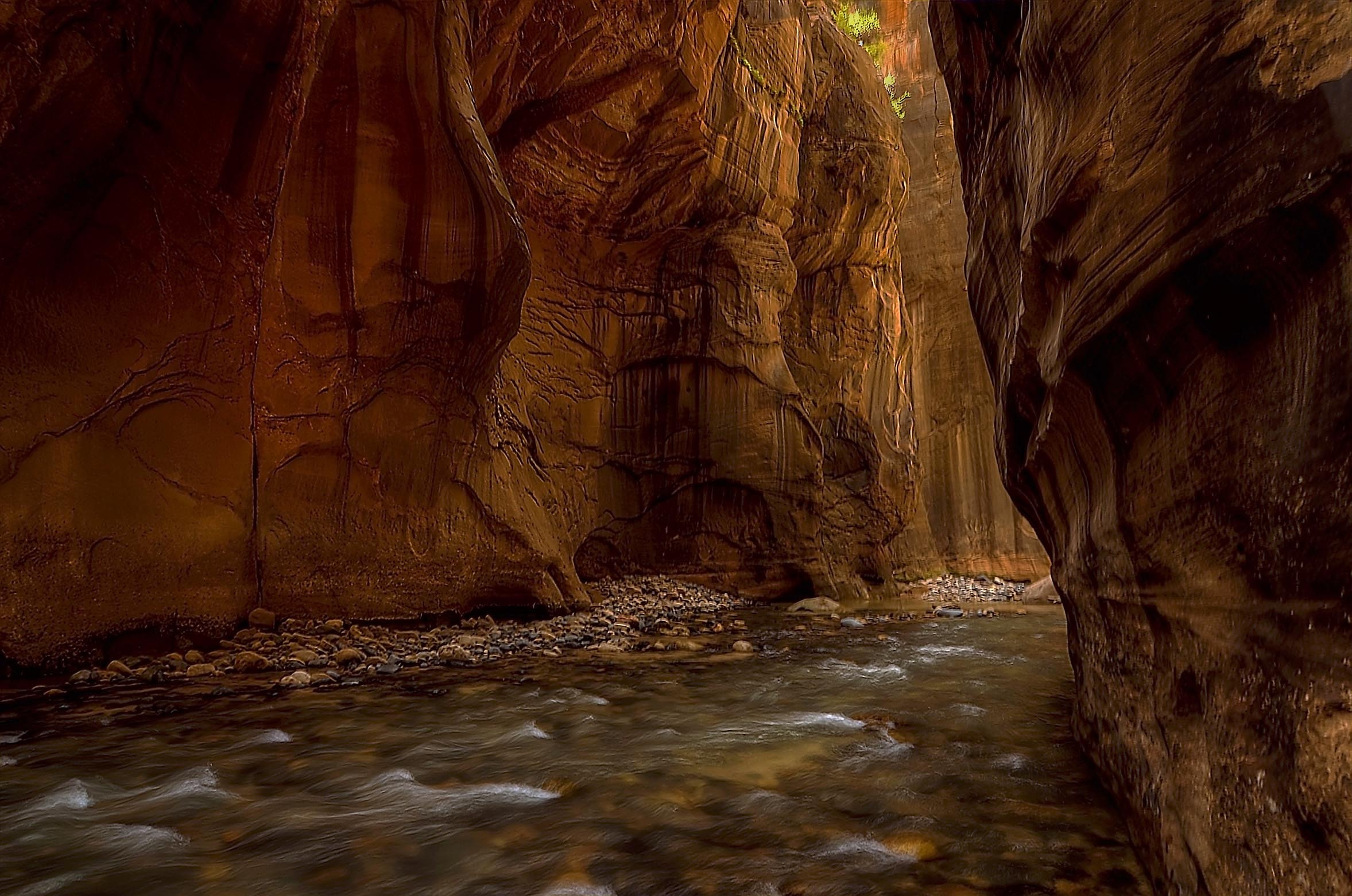 The Narrows of Zion Canyon — ancient water-carved sandstone walls rising hundreds of feet above the Virgin River flowing through the slot