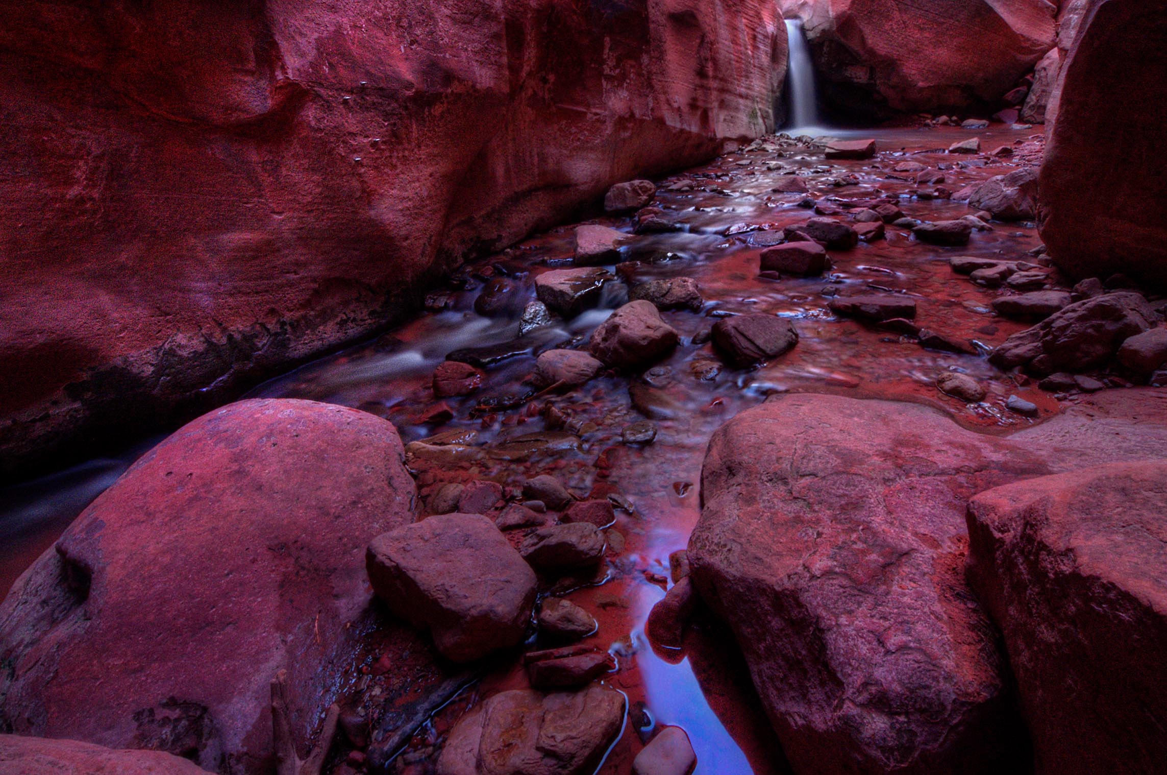 Upper Kannera Falls Utah — a weathered juniper log bridging two towering sandstone walls in a remote canyon, blue sky and green cottonwoods visible beyond