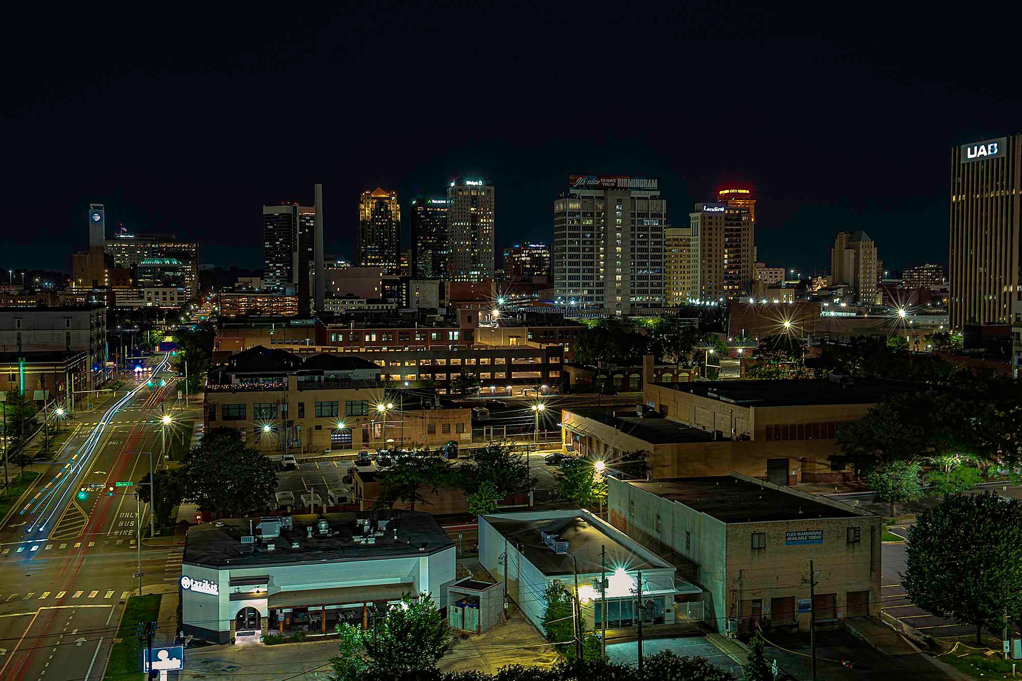 Birmingham Alabama skyline at night from the Southside